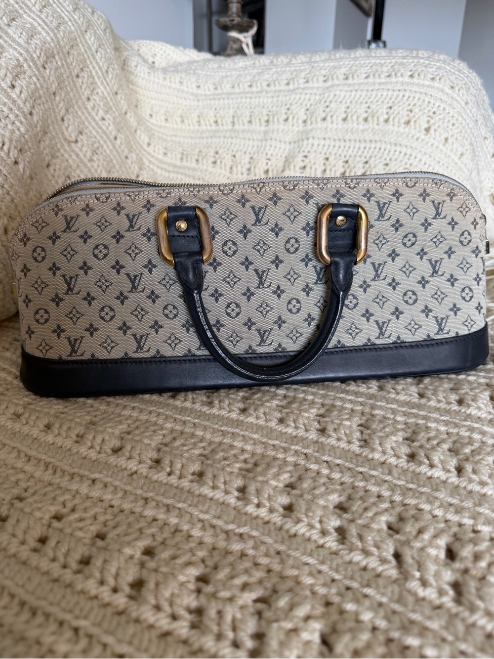 Louis Vuitton Vintage Beige Monogram Satchel with Navy Trim and Gold Hardware